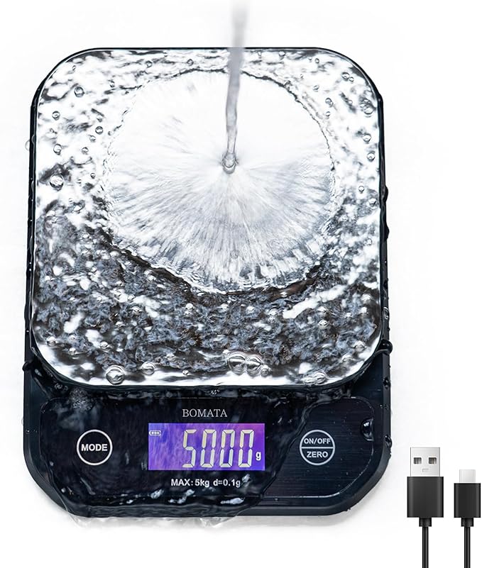 BOMATA Waterproof Kitchen Scale, 0.1g/0.01oz High Precision, 5kg/11lb, Washable, USB Rechargeable, Digital Scale for Food,Cooking, Baking, Weight Loss, Grey