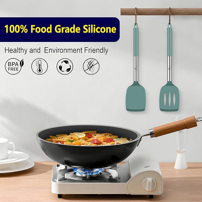HOTEC Silicone Spatula Set of 2 Heat-Resistant 600°F & BPA-Free Kitchen SaptulaTurner with Stainless Steel Handles, Slotted & Solid Spatulas for Nonstick Cookware, 13.7 Inch, Sage Green