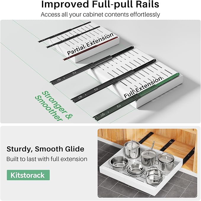 Pull out Cabinet Organizer, Wider Expandable(14"-24") Heavy Duty Slide out Drawers Fixed with Adhesive Nano Film for Pots, Roll out Shelf Storage for Kitchen Cabinet Organization(White-1pc)(3 Rails)