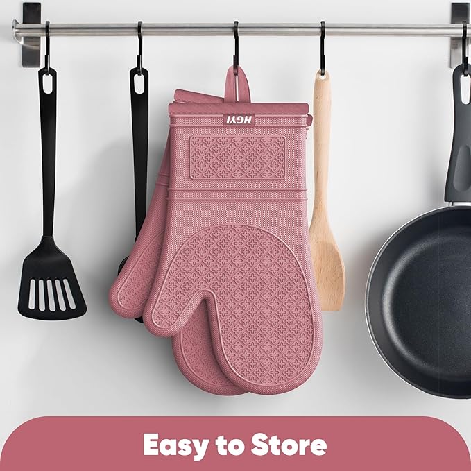 Silicone Oven Mitts, Heat Resistant Oven Gloves with Quilted Liner, Waterproof & Non-Slip Kitchen Mittens for Baking Cooking BBQ, 500°F, 12.5"-Rose Pink