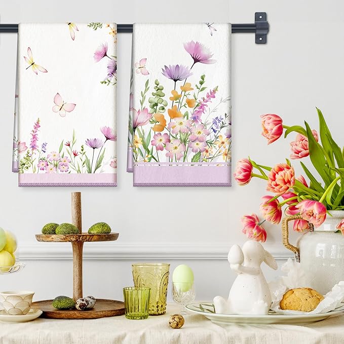 Spring Floral Butterfly Microfiber Kitchen Towels, Soft Absorbent Summer Hand Towel 15.7 × 23.6 inch, Thick Dish Cloth for Party Anniversary Holiday Decoration, Housewarming Gifts for Mom