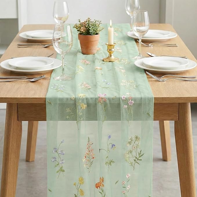 Artoid Mode Wildflower Floral Sage Green Gauze Embroidery Table Runner 120 Inch 10FT, Tulle Seasonal Spring Kitchen Dining Table Decor for Home Party