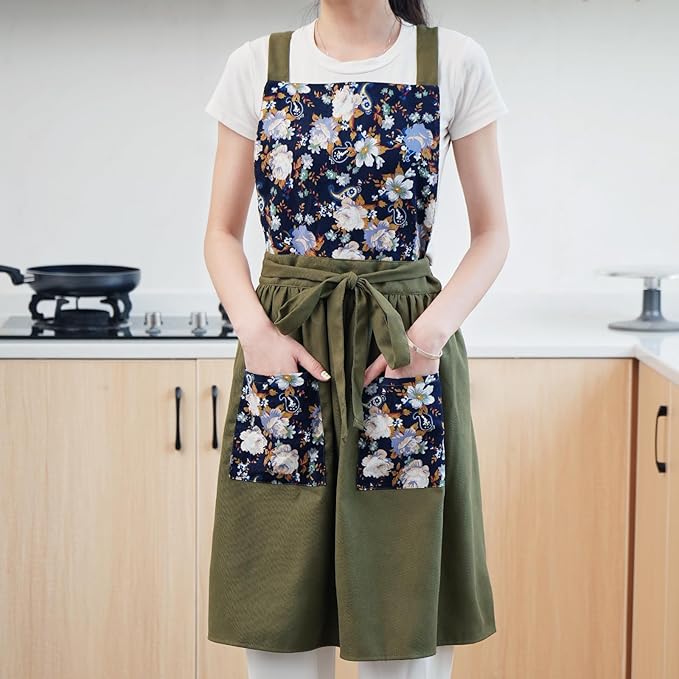 Pinknoke Vintage Pinafore Apron Dress for Women with Pockets Cute Floral Chef Aprons for Kitchen Cooking Baking Gardening