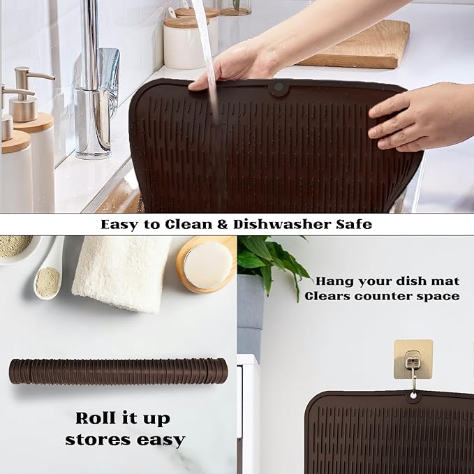 ZLR Large Silicone Dish Drying Mat (16" x 18") - XL Heavy Duty Drainboard Mat for Pots, Pans & Family Loads - Heat Resistant Trivet & Counter Protector, Easy Clean (Coffee)