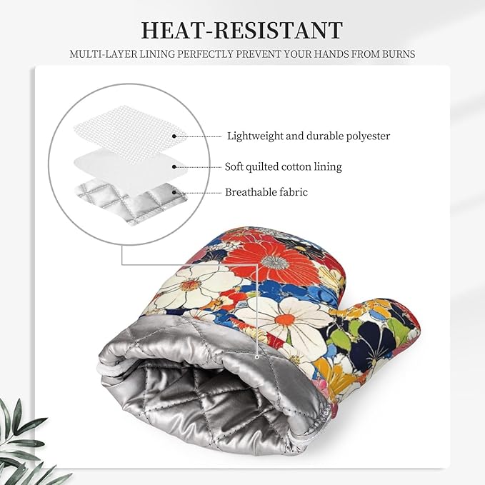 Oven Mitts and Pot Holders Colorful Flower Ethnic Art Silicone Kitchen Accessories Set of 2 Heat Resistant Long Gloves Potholder Non-Slip Grip for Chef Cooking,Baking,Grilling,BBQ