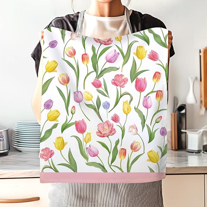 Tulip Spring Floral Tea Towels, Lavender Summer Cotton Kitchen Towel 18.9 × 27.5 inch, Quick Drying Dish Cloth for Party Anniversary Holiday Decoration, Housewarming Gifts for Mom