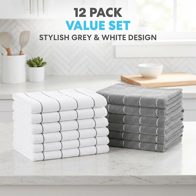 Simpli-Magic 79291 Microfiber Kitchen Towels, Grey/White, 15"x25", 12 Pack