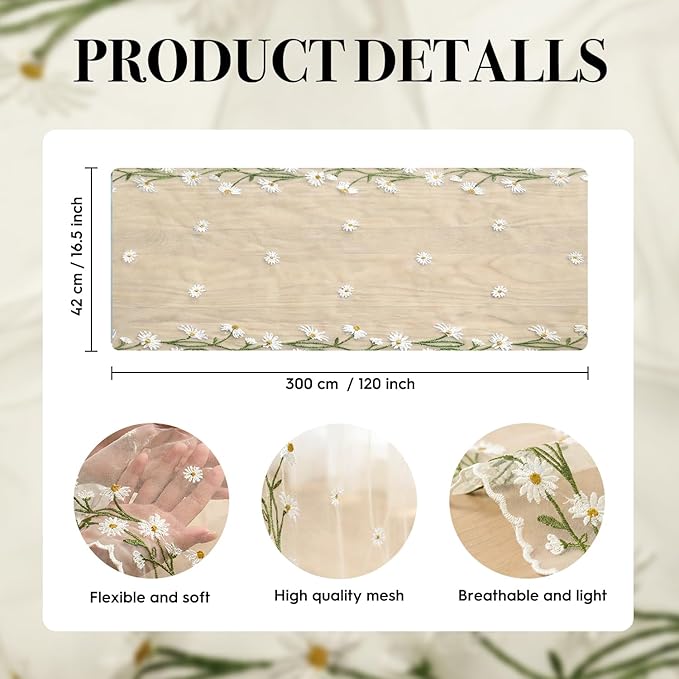 Artoid Mode Daisy Floral Beige Apricot Shaped Gauze Embroidery Table Runner 120 Inch 10FT, Tulle Spring Summer Kitchen Dining Table Decor for Home Party