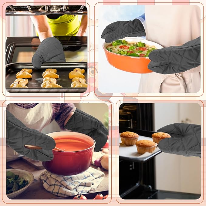 6 Pairs Heat Resistant Oven Mitts Kitchen Oven Gloves 11 Inch Long Quilted Cotton Polyester Kitchen Gloves for Cooking, Baking, Grilling BBQ (Charcoal Grey)