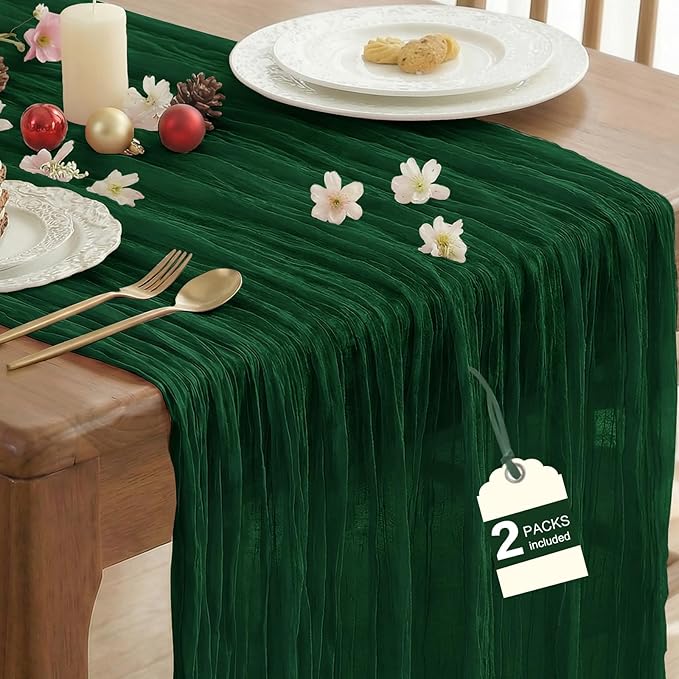 IVAPUPU 2 Pcs Cheesecloth Table Runner - 10ft Emerald Green Spring Boho Gauze Cheese Cloth Table Runners for Baby Shower Decorations Wedding Party Garden Decor