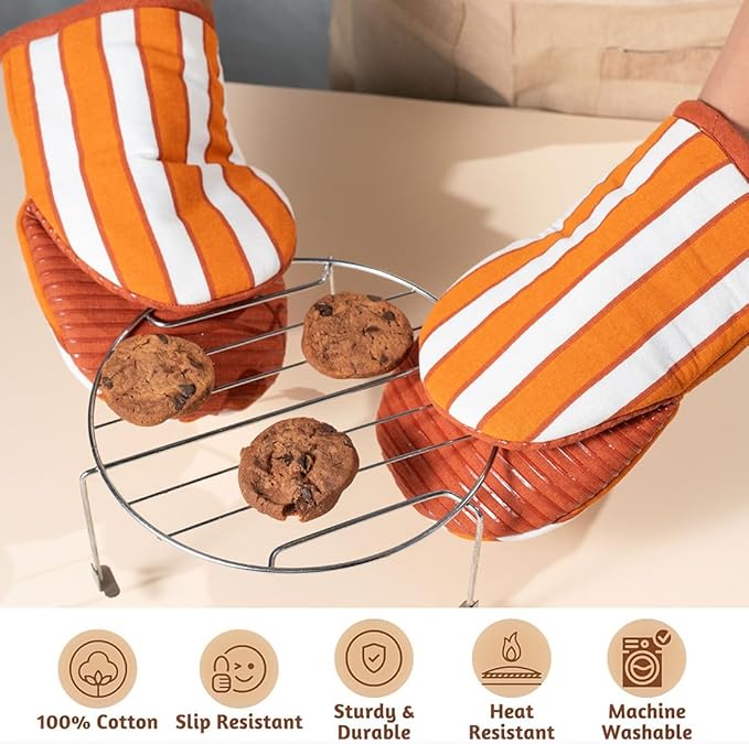 Folkulture Oven Mitts - Set of 2 (5.75"x9") | Oven Mitts with Hanging Loop for Cooking Gifts for Women, Kitchen Decor| 100% Cotton, Silicone Heat Resistant Mini Mitts - House Warming Gifts (Orange)