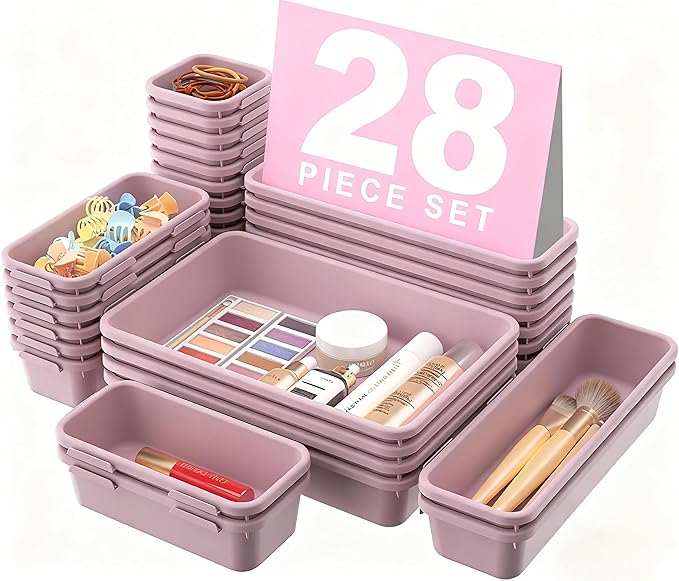 【𝟮𝟴𝗣𝗖𝗦】 【𝟱𝗦𝗶𝘇𝗲】 Purple Drawer Organizer, Makeup organizer, 【Holds 177 Items】 Bathroom Organizers and Storage, Plastic Desk Organizer Divider, Organizer Bins for Office Vanity A-LUGEI