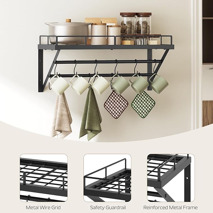 YATINEY Wall Mounted Pot Rack, 23.8 Inch Pot and Pan Organizer with 2 Tier Hanging Rails, 12 S-Hooks, Metal Pot Rack for Kitchen Cookware Organizer, Space Saving, for Kitchen Utensils, Black PR01BK
