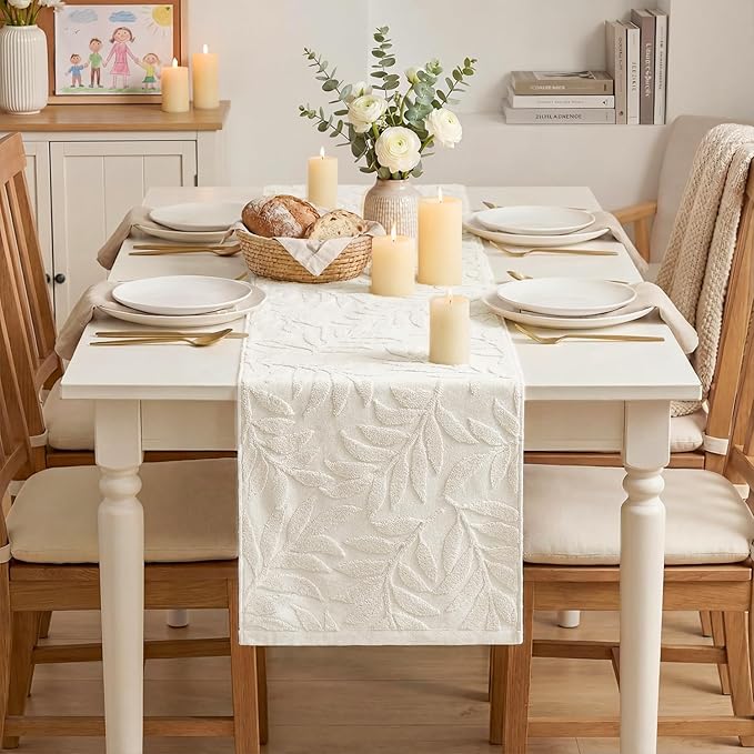 Artoid Mode Beige Soft Cotton Jacquard Leaves Spring Table Runner, Holiday Kitchen Dining Table Decoration for Home Party Decor 13x72 Inch