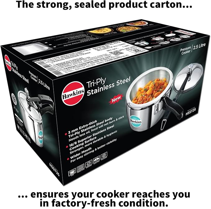 Hawkins 2.5 Litre Triply Stainless Steel Pressure Cooker, Inner Lid Cooker, Silver (HSST25)