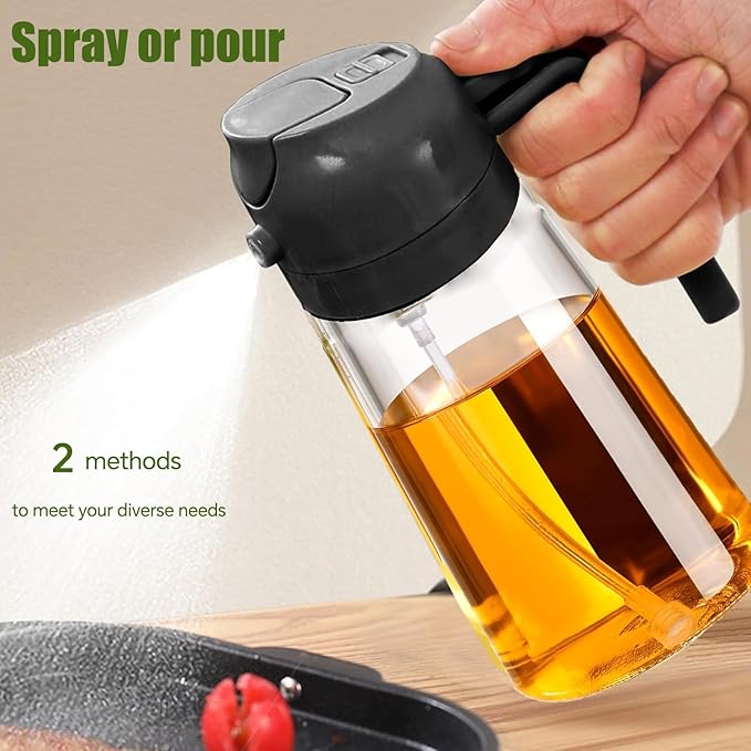 4 Pack 16oz/470 ml Olive Oil Dispenser Bottle 2 in 1 Clear Glass Oil Sprayer and Container Refillable Vinegar Dispenser with Automatic Cap Portable Spray Bottle for Cooking Baking Black