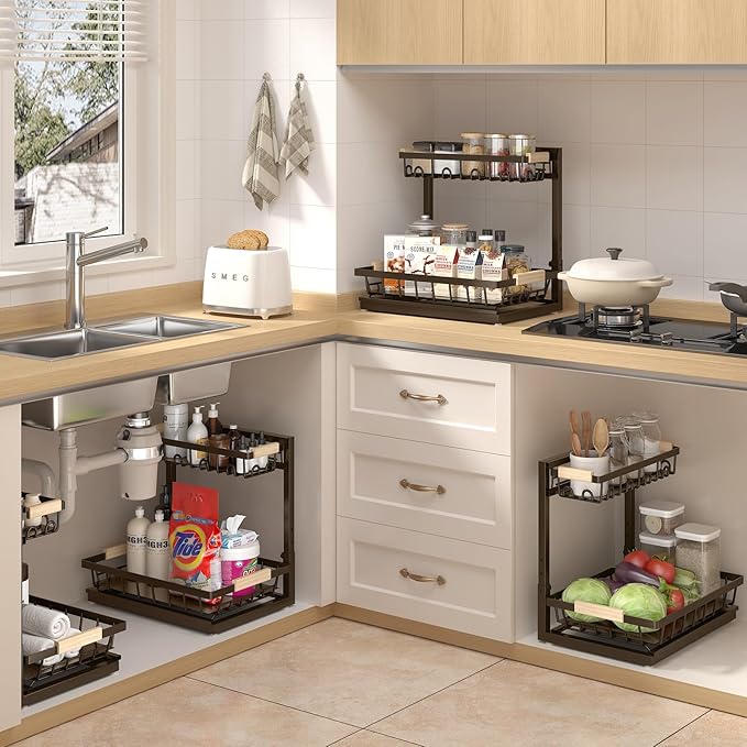 Sevenblue 2 Packs Under Sink Organizer, Height Adjustable 2 Tier Under Kitchen Sink Organizer, Multi-Purpose Storage Shelf for Kitchen Bathroom Cabinet (Brown, Large)