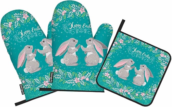 Easter Oven Mitts and Pot Holders Sets Cute Rabbits Floral Wreath Heat Resistant 3pcs for Cooking Baking BBQ