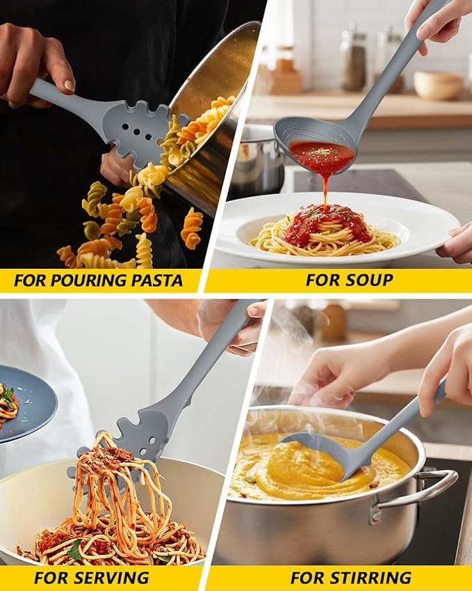 Silicone Pasta Fork and Soup Ladle Set, Heat Resistant Non Stick Kitchen Utensils with Back Hooks, Suitable for Cooking, Stirring, Serving Spaghetti, Soup, Sauce (GRAY)
