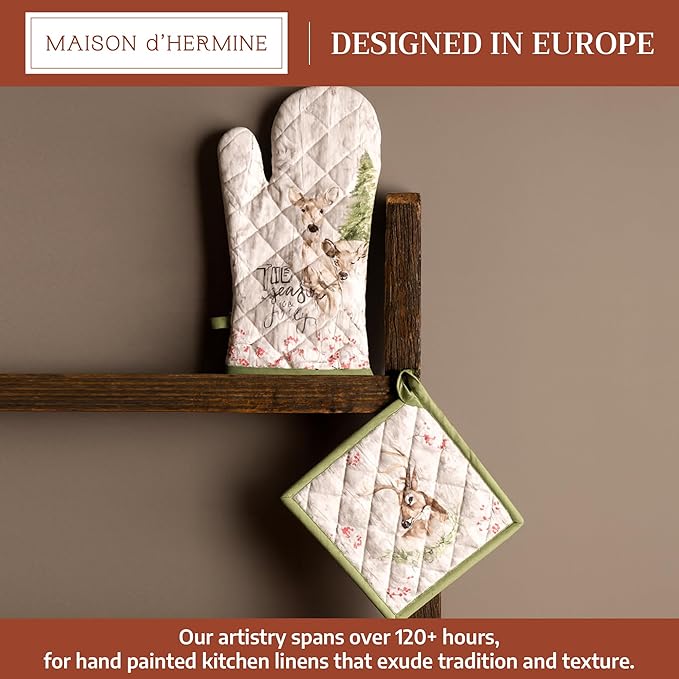Maison d' Hermine 100% Cotton Oven Mitt & Pot Holder Set (7.5"x13" & 8"x8") Heat Resistant BBQ Cooking Gloves with Loop for Thanksgiving Christmas Decorations Handling Hot Pans (Mountain Life)