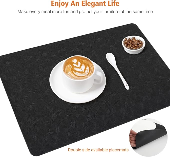 Vinyl Placemats Set of 12 Heat Resistant Easy Clean Non-Slip Place Mats for Dining Table Faux Leather Waterproof Stain Resistant Wipeable Washable PVC Table Mats(12, Black)