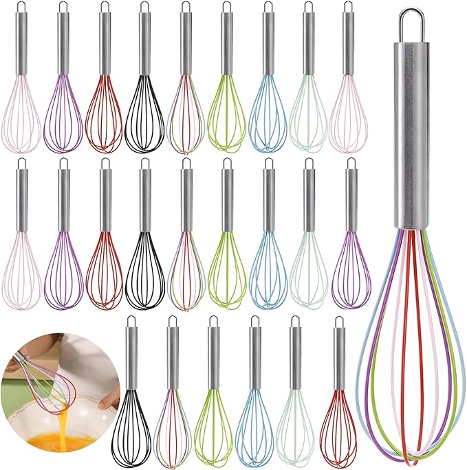 Cididu Set of 24 Silicone Whisk Bulk for Cooking, 10 In Wisking Tool Non Scratch, Flexible Rubber Whisks for Nonstick Pans, Kitchen Hand Whisk for Blending Beating Baking, BPA Free Dishwasher Safe