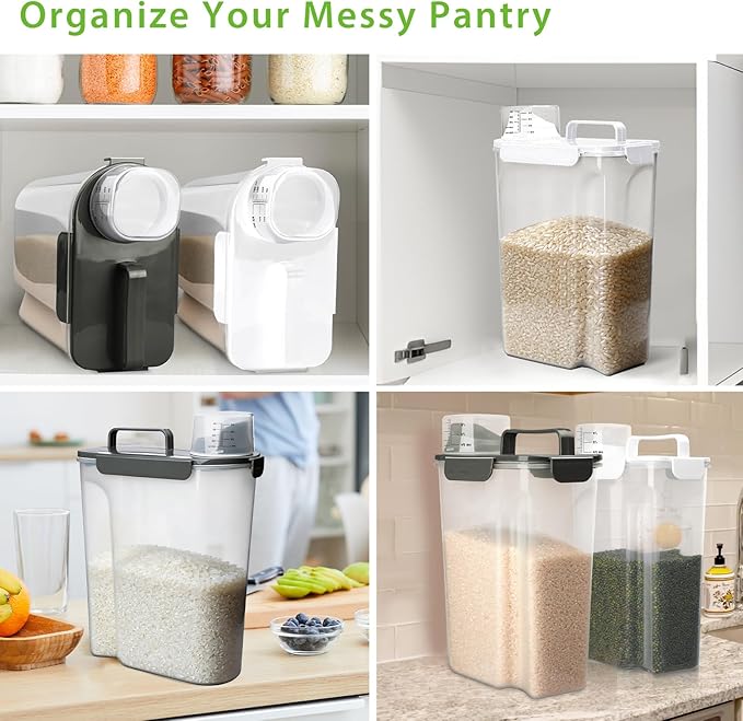 Viretec Rice Storage Container, 10 to 20lb Dry Food Airtight Dispenser, Pet Dog Cat Food Canister, BPA Free Clear Plastic Kitchen and Pantry Organization Bin for Oatmeal, Cereal, Pasta, Flour Grey