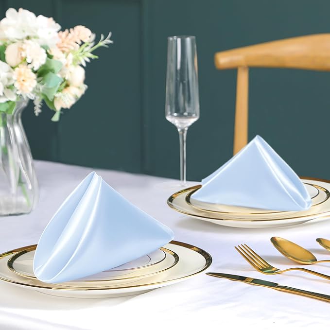100 Pack Light Blue Satin Napkins and Napkin Rings Set, 12 x 12 Inch Silky Soft Cloth Napkins Set of 50, Square Satin Dinner Table Napkins Bulk for Wedding Banquet Graduation Party Decoration