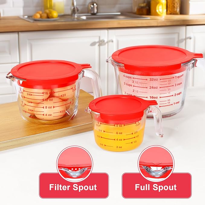 KOMUEE 4 Piece Glass Measuring Cups Set, 5 Oz, 1-Cup, 2-Cup, 4-Cup Liquid Measuring Cups with Lids for Kitchen, Freezer and Microwave Safe