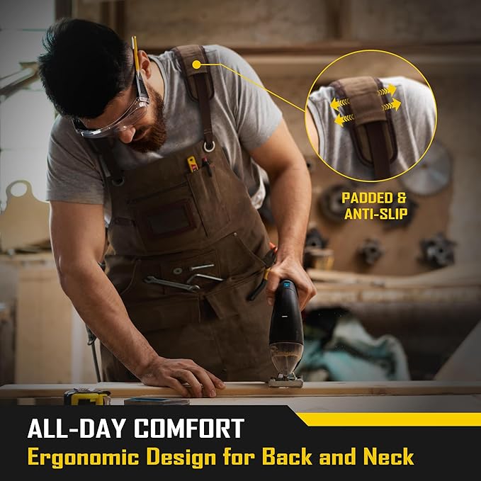 COOLJOB 16oz Waxed Canvas Work Apron with Tape Holder, Deep Pockets and Adjustable Strap, Men's Oversized Shop Apron