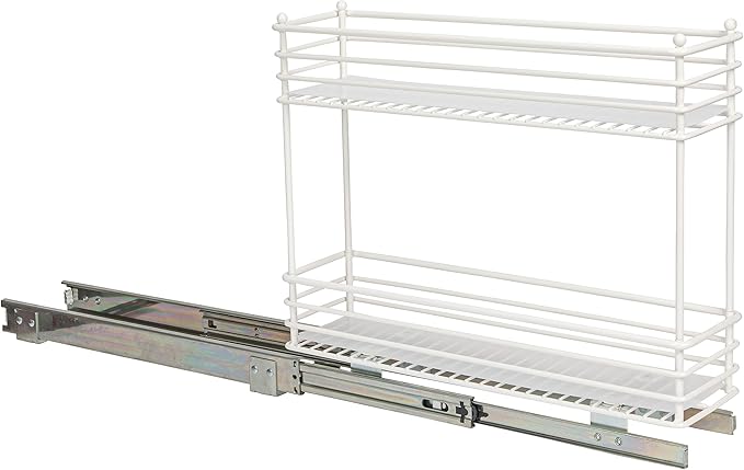 Household Essentials Glidez Paint-Finished Steel Pull-Out/Slide-Out Basket Storage Organizer with Plastic Liners for Under Cabinet Use - 2-Tier Design - Fits Standard Size Cabinet or Shelf, White