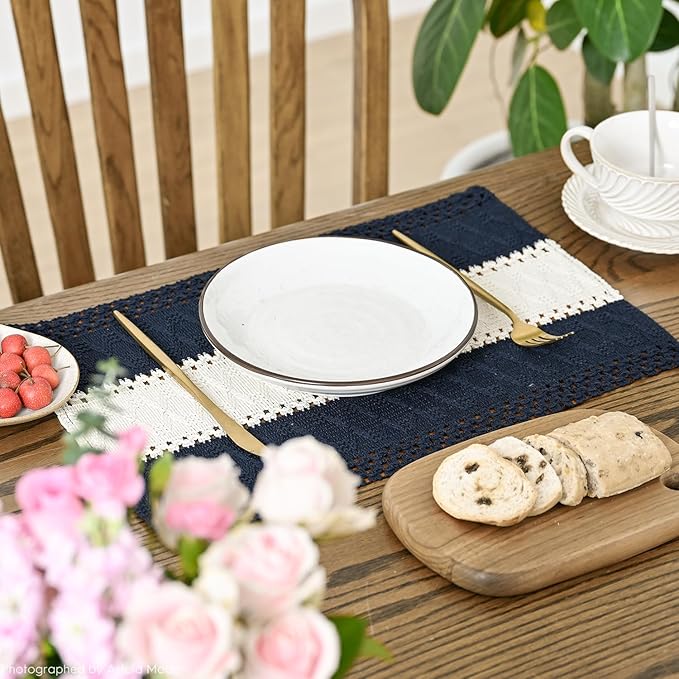 Artoid Mode Dark Blue Farmhouse Rustic Placemats Set of 4,12x18 Inch Seasonal Hollow Table Mats Party Kitchen Dining Decoration