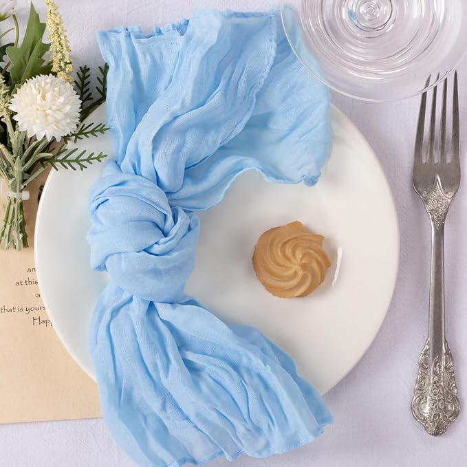 MLMC 10 Pack Light Blue Cheesecloth Napkins Bulk Washable Cloth Napkins Set of 10 21"x21" Rustic Boho Baby Blue Gauze Dinner Table Napkins for Baby Shower Birthday Wedding Reception Decor