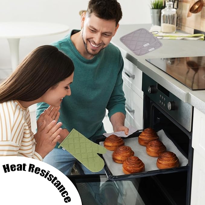 Oven Mitts and Pot Holders Sets,6 Pcs Oven Mitts and Potholders with Recycled Cotton High Heat Resistant Extra Thick Long Oven Mitts for Cooking(Green)