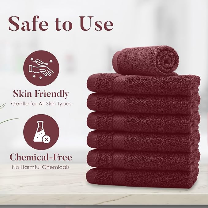 DAN RIVER 12-Pack Premium 100% Cotton Pomegranate Face Towels for Bathroom - Reusable Face Wash Cloths for Showering 12x12 Inches - 550 GSM Super Soft & Absorbent Luxury WashCloths for Body, Spa & Gym