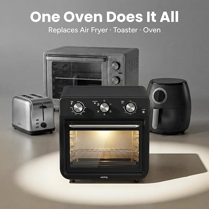 SMIRLY 6-in-1 Air Fryer Toaster Oven Combo, 27QT Convection Oven Countertop, 60 Min Timer, 1800W Oven for Toast, Roast, Bake, Reheat, Broil, Warm, Fits up to a 5 lb Turkey, 12" Pizza, 8 Toast, Black