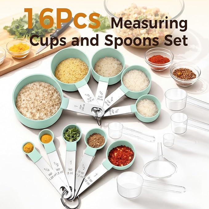 16PCS Measuring Cups and Spoons Set, Measuring Spoon Set with Metric and US Measurements, Fits for Measuring Dry and Liquid (Green)