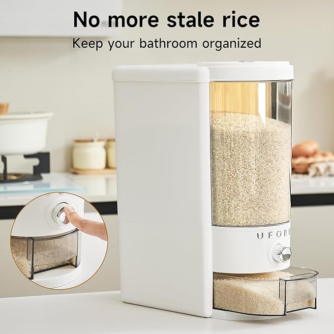 Rice Dispenser 20 lbs | Large Rice Storage Container for Kitchen&Pantry - Space-saving, Moisture & Pest-proof, BPA-Free - Dry Food Dispenser with One-Touch Dispenser & Measuring Cup for Families
