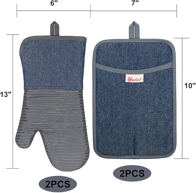Yutat Oven Mitts, Pot Holders Set of 4 Made with Pure Cotton and Food Grade Non-Slip Silicone - 500 F Heat Resistant Oven Mitts and Pot Holders Sets for Kitchen Cooking (4pcs Set, Grey and Denim)