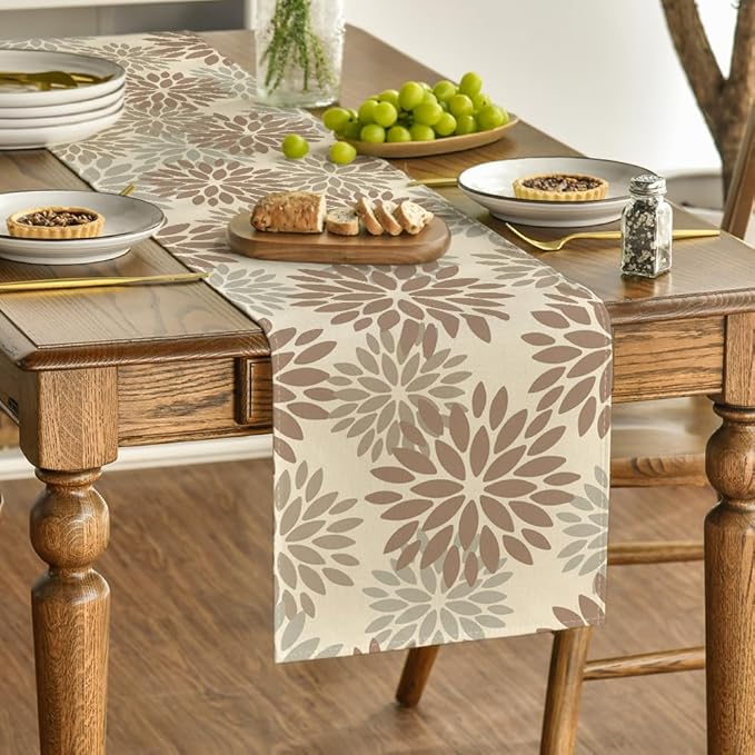 Artoid Mode Brown Gray Dahlia Pinnata Flower Floral Table Runner, Seasonal Holiday Kitchen Dining Table Decoration for Home Party Decor 13x72 Inch