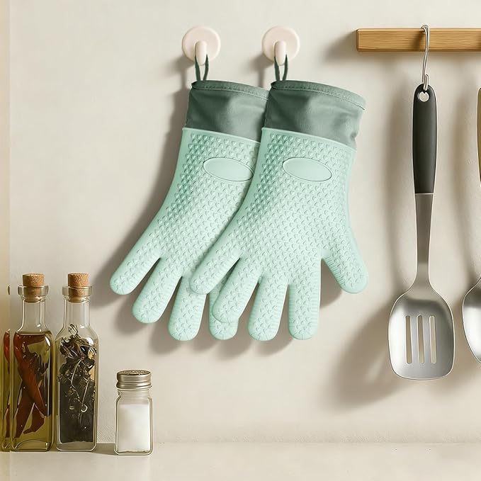 Silicone Oven Mitts Heat Resistant 450°F - Waterproof Non-Slip Kitchen Gloves with Cotton Lining, Flexible Oven Mitts for Cooking, Baking, Grilling & BBQ (Set of 2)
