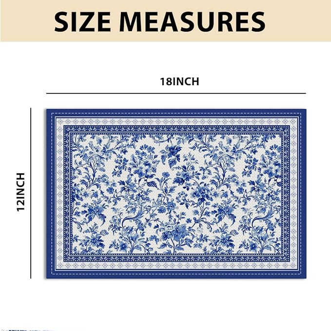 Blue Floral Branches linen Placemats Set of 4, 12 x 18 Inch Chinoiserie Table Mats Washable Non-Slip Heat Resistant Linen Fabric Rectangle Place Mats for Indoor Outdoor Party Kitchen Dining Home Decor