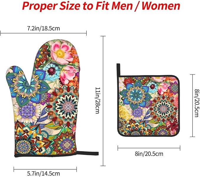 Boho Floral Oven Mitts and Pot Holders Sets, Heat Resistant Colorful Kitchen Gloves Hot Pads, Cute Baker Stuff, Chef Cooking Baking Gifts for Women Bakers, Kitchen Gifts for Cooking Lover Cooks Mom