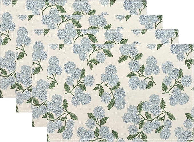 Blue Green Spring Placemats Set of 4 Hydrangea Flower Decor Place Mats 12x18 Inch Vintage Floral Summer Seasonal Decorative Linen Table Mats for Home Kitchen Dining Party Table Decoration