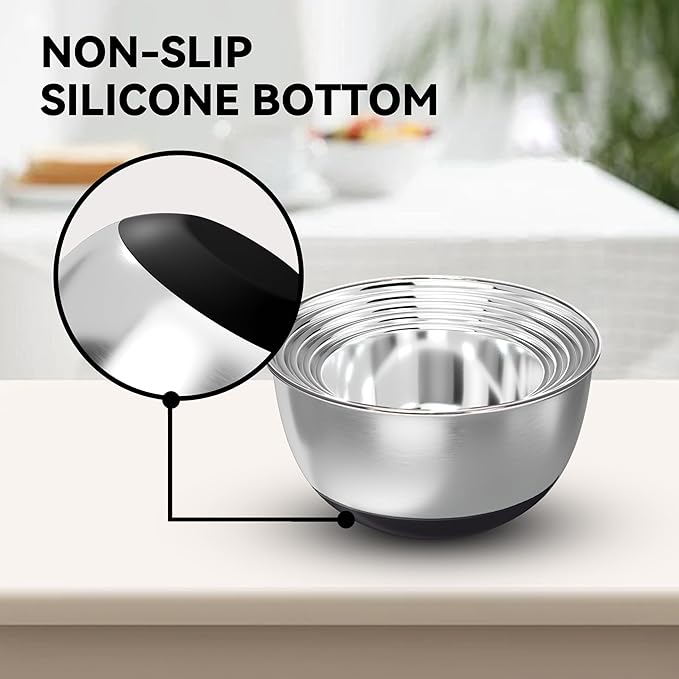 KITEISCAT Stainless Steel Mixing Bowls with Lids – Set of 5 Large Nesting Metal Bowls for Kitchen, Baking, Cooking, Food Prep & Storage, Non-Slip Base, Dishwasher Safe,Black