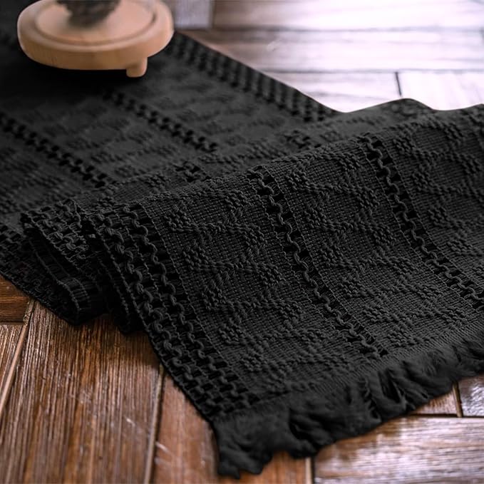Alynsehom Macrame Table Runner Pure Black Boho Table Runners with Tassels Hand Woven Cotton Table Runner Rustic Farmhouse Table Runners for Bohemian Kitchen Dining Table(12x108in)