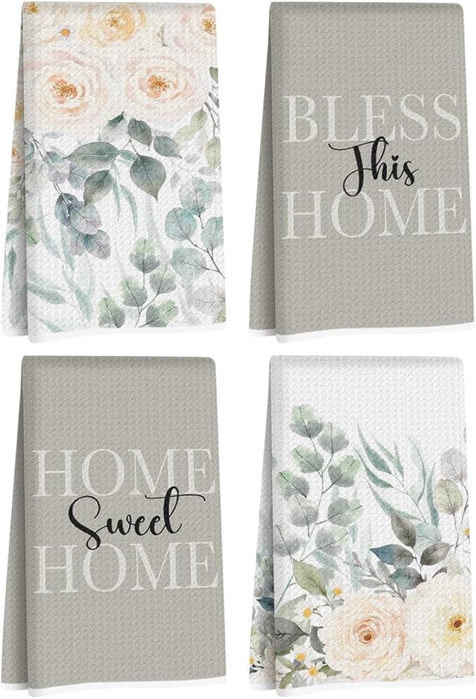 4 Pcs Flower Kitchen Towels, Home Decor Soft Absorbent Tea Hand Towel, Microfiber Dish Cloths for Drying Dishes, Waffle Dish Towels for Kitchen Bathroom, Housewarming Gifts for Women