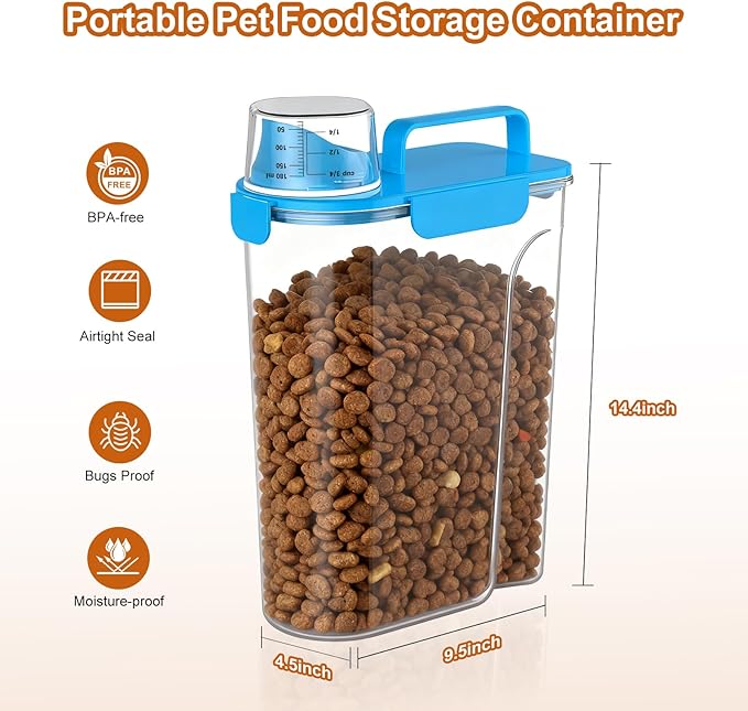 Uppetly Dog Cat Food Storage Container, 5-7Lbs Pet Food Containers, Airtight Cat Food Container with Portable Handle & Measuring Cup, Small Animal Dry Food Dispenser for Dogs, Cats and Birds
