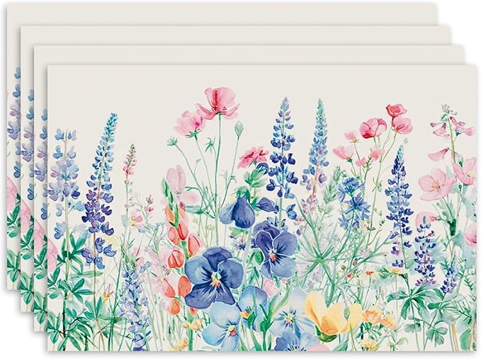 Set of 4 Orchid and Wild Flower Placemats, 12 x 18 Inch Rectangle Floral Table Mats, Linen Fabric Placemat for Indoor & Outdoor Kitchen Dining Home Decor -05
