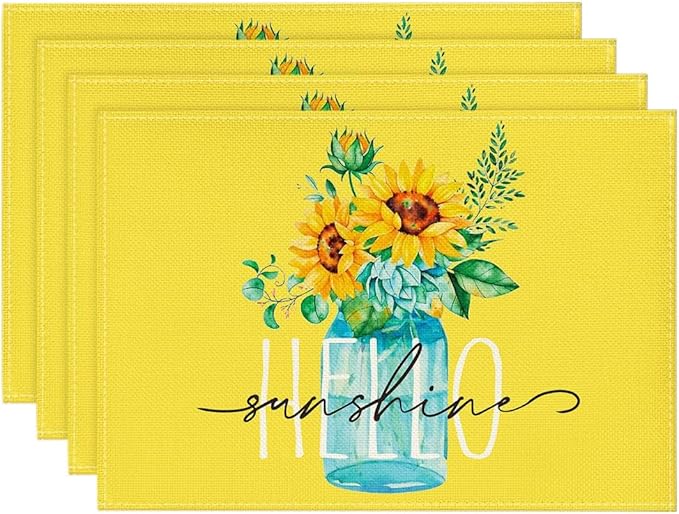 Bloss Yellow Hello Sunshine Sunflower Summer Placemats Set of 4, 12 x 18 Inch Spring Seasonal Holiday Decoration Rustic Vintage Washable Table Mats, Placemats for Dining Table